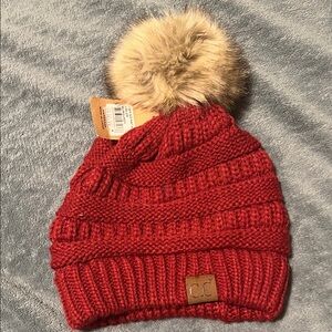 C.C Burgundy Knit Beanie with Faux Fur Pom